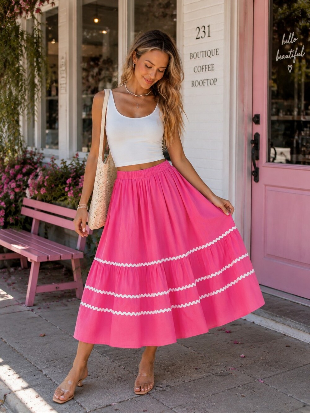 Bright pink Ric Rac Midi Skirt Large Citrus Preppy Summer Resort wear Vacation